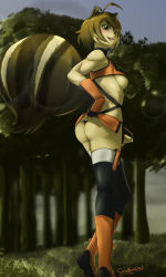 Rule 34 | 1girl, animal ears, ass, blazblue, breasts, fingerless gloves, gloves, grass, highres, looking down, makoto nanaya, microskirt, no bra, revealing clothes, sissybumchad, skirt, squirrel ears, squirrel tail, tail, thong, tree, underboob