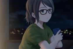 Rule 34 | 10s, 1girl, arm support, blue eyes, cellphone, glasses, green shirt, grey hair, highres, holding, holding phone, love live!, love live! sunshine!!, night, papi (papiron100), parted lips, pensive, phone, shirt, short hair, solo, swept bangs, watanabe you, window