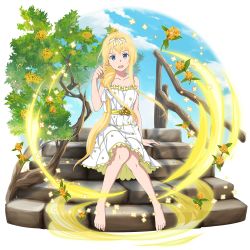 Rule 34 | 1girl, ahoge, alice zuberg, barefoot, blonde hair, blue eyes, casual, collarbone, day, dress, faux figurine, flower, hair between eyes, hair over shoulder, hair ribbon, hair tubes, hairband, hand in own hair, highres, long hair, looking at viewer, official art, open mouth, outdoors, ponytail, ribbon, short dress, sitting, sleeveless, sleeveless dress, solo, stairs, sundress, sword art online, sword art online: memory defrag, transparent background, very long hair, white dress, white hairband, white ribbon, yellow flower