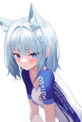 Rule 34 | 1girl, animal ear fluff, animal ears, blue archive, blue eyes, blush, breasts, closed mouth, cross hair ornament, eyelashes, hair intakes, hair ornament, highres, ju-ok, long hair, looking at viewer, shiroko (blue archive), short sleeves, silver hair, simple background, small breasts, solo, sportswear, upper body, white background, wolf ears