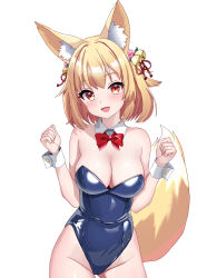 Rule 34 | 1girl, :d, absurdres, animal ear fluff, animal ears, bare arms, bare shoulders, bell, blonde hair, blue leotard, bow, bowtie, breasts, cameltoe, collar, commission, detached collar, flower, fox ears, fox girl, fox tail, groin, hair bell, hair flower, hair ornament, hands up, head tilt, highleg, highleg leotard, highres, jingle bell, kosuzu rin-chan (sinon77), leotard, light blush, looking at viewer, medium breasts, medium hair, open mouth, original, playboy bunny, red bow, red bowtie, red eyes, simple background, skeb commission, smile, solo, strapless, strapless leotard, tail, uma (uma mohumohu), w arms, white background, white collar, wing collar, wrist cuffs