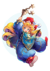 Rule 34 | .sin, 1girl, arm up, blonde hair, blue eyes, charlotte (seiken densetsu 3), curly hair, flail, full body, hat, highres, holding, holding weapon, jester cap, long hair, long sleeves, looking at viewer, open mouth, puffy long sleeves, puffy sleeves, red footwear, red hat, seiken densetsu, seiken densetsu 3, shoes, simple background, smile, solo, tabard, weapon, white background