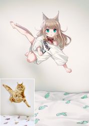 Rule 34 | 1girl, 40hara, animal ears, animal print, barefoot, bed, blonde hair, blunt bangs, blush, cat, cat ears, cat girl, cat tail, collar, fish print, flipped hair, green eyes, highres, kinako (40hara), long hair, looking at viewer, midair, open mouth, original, outstretched leg, oversized clothes, oversized shirt, photo-referenced, photo inset, red collar, reference inset, shirt, short sleeves, sidelocks, solo, tail, triangle mouth, white shirt