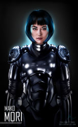 Rule 34 | 1girl, 2013, armor, bob cut, body armor, bodysuit, damaged, deviantart username, drivesuit, g672, highres, insignia, legendary pictures, lips, looking at viewer, mako mori, multicolored hair, pacific rim, pan pacific defense corps, photorealistic, pilot suit, realistic, science fiction, serious, signature, watermark, web address