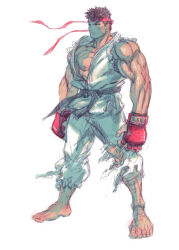 Rule 34 | 1boy, bare pectorals, barefoot, bingoman, black hair, boxing gloves, expressionless, facing ahead, forked eyebrows, full body, headband, highres, male focus, muscular, muscular male, pectorals, red headband, ryu (street fighter), short hair, sketch, solo, street fighter, thick eyebrows, wind