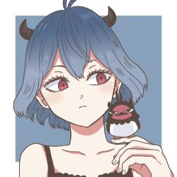 Rule 34 | 1girl, antenna hair, bare shoulders, bird, bird on hand, black clover, black dress, blue hair, bob cut, closed mouth, dress, dual persona, highres, karaage 8686, looking at another, nero (black clover), red eyes, secre swallowtail, short hair, solo