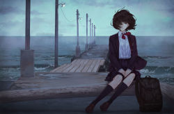 Rule 34 | 1girl, bag, black skirt, black socks, blazer, blue sky, brown eyes, brown footwear, brown hair, brown jacket, cloud, cloudy sky, collared shirt, commentary request, day, dress shirt, hair over one eye, hands on lap, horizon, jacket, kaoming, kneehighs, loafers, long sleeves, looking at viewer, ocean, open clothes, open jacket, original, outdoors, pier, pleated skirt, red neckwear, ship, shirt, shoes, short hair, sitting, skirt, sky, socks, solo, water, watercraft, waves, white shirt
