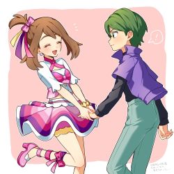 Rule 34 | !, 1boy, 1girl, blush, bow, bracelet, brown hair, closed eyes, closed mouth, commentary request, creatures (company), drew (pokemon), earrings, game freak, green eyes, green hair, green pants, hair bow, hair ribbon, happy, high heels, holding hands, iketsuko, jacket, jewelry, leg up, may (pokemon), nintendo, open mouth, pants, pink footwear, pokemon, pokemon (anime), pokemon oras, pokemon rse (anime), purple jacket, ribbon, short sleeves, skirt, spoken exclamation mark, tongue