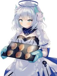 Rule 34 | 1girl, apron, blush, breasts, cleavage, commentary, commission, croissant, dress, english commentary, food, halo, highres, holding, holding tray, kamishiro rita, looking at viewer, medium breasts, oven mitts, prism project, second-party source, short hair, silver hair, skeb commission, smile, solo, sorani (kaeru0768), tray, virtual youtuber, white dress