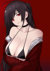 Rule 34 | 1girl, ahoge, azur lane, bad id, bad pixiv id, bare shoulders, bikini, black bikini, black choker, black hair, breasts, choker, cleavage, collarbone, crossed arms, hair between eyes, head tilt, highres, jacket, large breasts, long hair, looking at viewer, off shoulder, official alternate costume, one side up, parted lips, race queen, red background, red eyes, red jacket, rrr ato, simple background, solo, swimsuit, taihou (azur lane), taihou (enraptured companion) (azur lane)