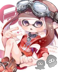 Rule 34 | 1girl, belt collar, black shorts, blue eyes, collar, glint, goggles, goggles on head, gradient hair, highres, inkling, inkling girl, inkling player character, long hair, multicolored hair, nintendo, open mouth, print shirt, red footwear, red hair, red shirt, shirt, shoes, shorts, simple background, sitting, solo, sparkle, splatoon (series), splatoon 3, tentacle hair, translation request, una ku 277, white background