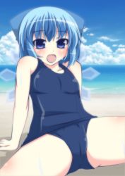 Rule 34 | 1girl, beach, blue eyes, blue hair, blue sky, bow, cameltoe, cirno, cloud, collarbone, day, fang, hair bow, ice, ice wings, masiromu, matching hair/eyes, ocean, one-piece swimsuit, open mouth, outdoors, school swimsuit, sitting, sky, solo, spread legs, swimsuit, touhou, wet, wings