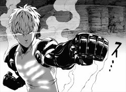 Rule 34 | 2boys, animated, animated gif, bald, cape, cliff, cyborg, earrings, genos, glowing, glowing eyes, greyscale, jewelry, laser, lowres, monochrome, multiple boys, murata yuusuke, non-web source, one-punch man, saitama (one-punch man), short hair