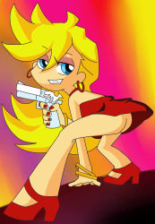 Rule 34 | 10s, ass, back lace, blonde hair, blue eyes, dress, earrings, grin, gun, handgun, high heels, highres, jewelry, long hair, looking back, panty &amp; stocking with garterbelt, panty (psg), red theme, shoes, smile, weapon