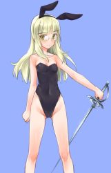 Rule 34 | 1girl, aohashi ame, bare shoulders, black leotard, blonde hair, blue background, blush, breasts, cameltoe, cleavage, closed mouth, covered navel, full body, glasses, groin, leotard, long hair, looking at viewer, perrine h. clostermann, rapier, shiny skin, simple background, small breasts, smile, solo, standing, strike witches, sword, weapon, world witches series, yellow eyes