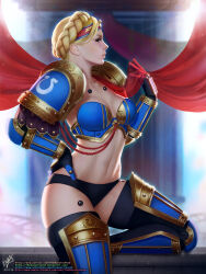 Rule 34 | 1girl, adeptus astartes, armor, armored boots, artist name, bikini armor, blonde hair, blue eyes, boots, breasts, cleavage, closed mouth, gauntlets, hand on own hip, highres, lips, looking at viewer, medium breasts, navel, omega symbol, pauldrons, red curtains, short hair, shoulder armor, solo, space marine, stomach, themaestronoob, ultramarines, warhammer 40k, watermark, web address
