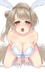 Rule 34 | 1girl, artist name, artist request, blush, breasts, brown eyes, cleavage, female focus, grey hair, kneeling, large breasts, long hair, looking at viewer, love live!, love live! school idol project, minami kotori, open mouth, solo, sudou (s7 d8)