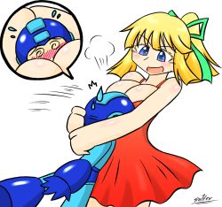 Rule 34 | 1boy, 1girl, @ @, aged up, artist name, bare arms, blonde hair, blue eyes, blush, breasts, brother and sister, dress, head on chest, helmet, incest, large breasts, long hair, mega man (character), mega man (classic), mega man (series), ponytail, red dress, roll (mega man), siblings, sulfer, white background