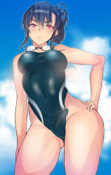 Rule 34 | 1futa, black hair, blue sky, blush, breasts, bulge, cloud, coin rand, competition swimsuit, contrapposto, covered navel, cowboy shot, day, erection, erection under clothes, folded ponytail, from below, frown, futanari, gluteal fold, goggles, goggles around neck, gradient background, hair between eyes, hair up, hand on own hip, highleg, highleg swimsuit, looking at viewer, medium breasts, mole, mole under eye, one-piece swimsuit, original, penis, red eyes, short hair, sky, solo, standing, swimsuit, taut clothes, taut swimsuit