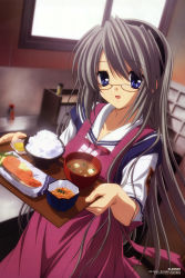 Rule 34 | 00s, absurdres, apron, clannad, glasses, highres, ikeda kazumi, sakagami tomoyo, scan, solo, tray