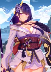 Rule 34 | 1girl, arind yudha, blurry, blurry foreground, blush, breasts, bridal gauntlets, cleavage, cloud, cloudy sky, commentary request, day, electricity, falling petals, floral print, flower, genshin impact, hair ornament, highres, holding, holding polearm, holding weapon, japanese clothes, kimono, large breasts, long hair, long sleeves, looking at viewer, mole, mole under eye, obi, obiage, obijime, open mouth, parted lips, petals, polearm, purple eyes, purple flower, purple hair, raiden shogun, ribbon, sash, sky, smile, solo, tassel, weapon, wide sleeves