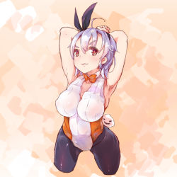 Rule 34 | 1girl, ahoge, armpits, arms behind head, arms up, azur lane, black pantyhose, breasts, cathayan, commentary request, covered erect nipples, kent (azur lane), large breasts, light purple hair, looking at viewer, pantyhose, parted lips, rabbit girl, rabbit tail, red eyes, ribbon, short hair, simple background, smile, solo, tail, thighs