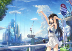 Rule 34 | 1girl, armpits, arms up, bare shoulders, bird, black hair, blue eyes, blue sky, bracelet, breasts, building, cloud, cloudy sky, commentary request, construction, day, jewelry, long hair, looking at viewer, medium breasts, moon, open mouth, original, outdoors, school uniform, seagull, serafuku, shirt, sign, skirt, sky, sleeveless, sleeveless shirt, smile, solo, white shirt, white skirt, wingheart