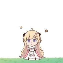 Rule 34 | 1girl, ahoge, blonde hair, bow, bug, butterfly, cape, chibi, commentary request, detached sleeves, dress, full body, fur-trimmed cape, fur-trimmed dress, fur-trimmed sleeves, fur trim, grass, hair ornament, hairclip, hololive, horns, insect, long hair, purin a la mode (popup), purple eyes, sheep girl, sheep horns, smile, solo, tsunomaki watame, tsunomaki watame (1st costume), virtual youtuber