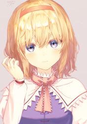 Rule 34 | 1girl, 2020, alice margatroid, blonde hair, blue eyes, blush, breasts, capelet, closed mouth, commentary request, dress, eyelashes, eyes visible through hair, grey background, hair between eyes, hairband, hand up, highres, kisamu (ksmz), long sleeves, looking at viewer, medium breasts, necktie, orange hair, orange hairband, pink necktie, puffy long sleeves, puffy sleeves, purple dress, shirt, short hair, signature, simple background, solo, touhou, upper body, white capelet, white shirt