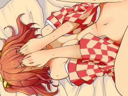 Rule 34 | 1girl, bed, bed sheet, blush, bottomless, breasts, cleavage, covering face, ishikkoro, lying, motoori kosuzu, navel, no bra, on back, open clothes, open shirt, pillow, red hair, shirt, short hair, solo, touhou