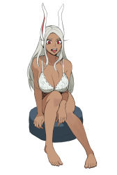 Rule 34 | 1girl, :p, animal ears, arm at side, arm between legs, bad id, bad twitter id, bare arms, bare legs, barefoot, boku no hero academia, bra, breasts, cleavage, collarbone, commentary, cushion, dark-skinned female, dark skin, feet, forehead, full body, highres, jason kim, knees together feet apart, lace, lace-trimmed bra, lace trim, large breasts, long bangs, long hair, mirko, rabbit ears, rabbit girl, red eyes, sitting, slit pupils, solo, symbol-only commentary, teeth, tongue, tongue out, underwear, upper teeth only, v-shaped eyebrows, white bra, white hair