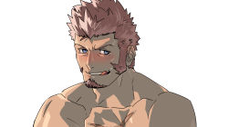 Rule 34 | 1boy, absurdres, bara, beard, blue eyes, blush, brown hair, facial hair, fate/grand order, fate (series), highres, large pectorals, long sideburns, looking at viewer, male focus, monmonhomon, muscular, napoleon bonaparte (fate), pectorals, portrait, scar, sideburns, smile, solo, sweatdrop, tongue, tongue out, upper body, white background