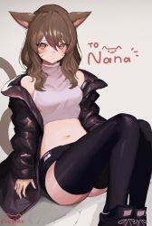 Rule 34 | 1girl, animal ears, ass, warrior of light (ff14), bare shoulders, black footwear, black jacket, black shorts, black thighhighs, breasts, brown hair, cat ears, cat girl, cat tail, closed mouth, commission, crop top, cyobiro, expressionless, facial mark, final fantasy, final fantasy xiv, grey background, high collar, jacket, knees up, long hair, long sleeves, looking at viewer, medium breasts, micro shorts, midriff, miqo&#039;te, multicolored hair, navel, off shoulder, open clothes, open jacket, red eyes, shirt, shoes, short shorts, shorts, simple background, sitting, skeb commission, sleeveless, sleeveless shirt, solo, stomach, streaked hair, tail, thighhighs, thighs, wavy hair, white shirt