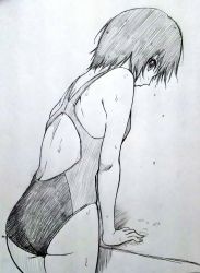Rule 34 | 1girl, amagami, ass, bare arms, black hair, black one-piece swimsuit, breasts, competition swimsuit, from behind, jishaku (user rcuz2843), looking at viewer, medium breasts, nanasaki ai, one-piece swimsuit, short hair, solo, swimsuit, wet