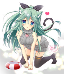 Rule 34 | 10s, 1girl, 2017, aikawa ryou, all fours, animal ears, aran sweater, artist name, ass, backless dress, backless outfit, bare shoulders, black ribbon, black thighhighs, blush, bowl, breasts, butt crack, cable knit, cat ears, cat tail, dated, dress, female focus, full body, green eyes, green hair, grey dress, hair between eyes, hair flaps, hair ornament, hair ribbon, hairclip, halterneck, heart, heart-shaped lock, jewelry, kantai collection, kawai maria, kneeling, locket, long hair, looking at viewer, medium breasts, meme attire, naked sweater, no bra, no panties, on floor, open mouth, pendant, pet bowl, ponytail, ribbed sweater, ribbon, signature, solo, sweater, sweater dress, tail, thighhighs, turtleneck, turtleneck sweater, virgin killer sweater, yamakaze (kancolle)