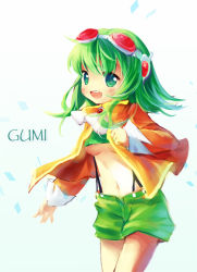 Rule 34 | 1girl, bad id, bad pixiv id, breasts, female focus, goggles, goggles on head, gradient background, green eyes, green hair, gumi, gumi (v3 megpoid), headphones, jacket, matching hair/eyes, medium breasts, midriff, navel, pf, short hair, shorts, smile, solo, suspenders, underboob, vocaloid, white background