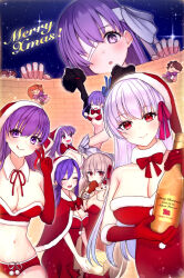 Rule 34 | 2boys, 6+girls, bandage over one eye, bandaged head, bandages, bare shoulders, bb (fate), bb (fate/extra), bikini, blue ribbon, blush, breasts, champagne bottle, chibi, christmas, cleavage, closed eyes, detached sleeves, dress, durga (fate), fate/extra, fate/extra ccc, fate/extra ccc fox tail, fate/grand order, fate (series), fufufu hehehe, fujimaru ritsuka (female), fujimaru ritsuka (male), fur-trimmed dress, fur-trimmed headwear, fur trim, giant, giantess, grey hair, hair ribbon, hat, highres, huge breasts, kama (fate), kingprotea (fate), kishinami hakuno (female), kishinami hakuno (male), large breasts, licking lips, long hair, long sleeves, looking at viewer, matou sakura, medium breasts, meltryllis (fate), multiple boys, multiple girls, night, night sky, open mouth, parvati (fate), passionlip (fate), pink eyes, pink ribbon, purple eyes, purple hair, red bikini, red dress, red eyes, red headwear, red ribbon, ribbon, santa dress, santa hat, sidelocks, sky, sleeves past fingers, sleeves past wrists, small breasts, smile, snake, swimsuit, tongue, tongue out, very long hair, white hair