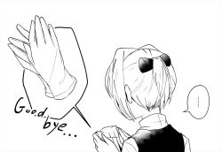Rule 34 | ..., 1girl, collared shirt, english text, from behind, gloves, unworn gloves, goodbye, greyscale, hair intakes, hair ornament, hands up, hikobae, holding glove, kantai collection, monochrome, ponytail, school uniform, shiranui (kancolle), shirt, short ponytail, simple background, solo, speech bubble, spoken ellipsis, upper body, vest, white background