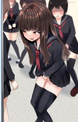 Rule 34 | 6+girls, absurdres, artist name, between legs, black sailor collar, black shirt, black skirt, black thighhighs, blunt bangs, blurry, blurry background, blush, brown hair, embarrassed, faceless, faceless female, fate/extra, fate (series), female focus, flat chest, hand between legs, have to pee, highres, kishinami hakuno (female), legs together, long hair, long sleeves, looking at another, looking to the side, michinoku (michino934), miniskirt, multiple girls, neckerchief, notice lines, open mouth, orange eyes, people, pleated skirt, queue, red neckerchief, sailor collar, school uniform, serafuku, shirt, sidelocks, signature, skirt, solo focus, standing, sweat, thighhighs, thighs, twitter username, zettai ryouiki