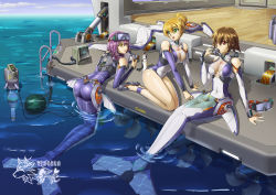 Rule 34 | 3girls, bare legs, blonde hair, breasts, brown hair, bzs (kage no shinobu), cleavage, commentary request, diving mask, diving mask on head, fins, fish tail, food, fruit, goggles, goggles on head, green eyes, hair between eyes, highres, mecha musume, medium breasts, mermaid, mermaid costume, monster girl, multiple girls, ocean, oxygen tank, plugsuit, purple hair, red eyes, seiza, ship, sitting, tail, watercraft, watermelon, yellow eyes