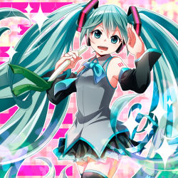Rule 34 | 1girl, aqua eyes, aqua hair, bow, bowtie, detached sleeves, hatsune miku, headphones, long hair, necktie, open mouth, pinky out, skirt, solo, spring onion, thighhighs, tsujiori, twintails, very long hair, vocaloid