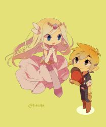 Rule 34 | 1boy, 1girl, blonde hair, blue eyes, boots, dress, ghost, gloves, hair ornament, hat, highres, link, nintendo, own hands clasped, own hands together, pointy ears, princess zelda, simple background, the legend of zelda, the legend of zelda: spirit tracks, tokuura, toon link, toon zelda, twitter username, uniform, yellow background