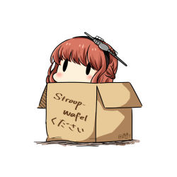 Rule 34 | 1girl, box, cardboard box, commentary request, dated, de ruyter (kancolle), dutch text, hatsuzuki 527, headgear, in box, in container, kantai collection, red hair, simple background, solid oval eyes, solo, translated, twitter username, white background