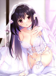 Rule 34 | 1girl, absurdres, black hair, blush, bow, breasts, bridal veil, corset, feet out of frame, flower, hair flower, hair ornament, highres, indoors, jewelry, kneeling, licoco, looking at viewer, medium breasts, off shoulder, open mouth, original, ornate ring, panties, red eyes, ring, side-tie panties, solo, thighhighs, underwear, veil, wedding ring, white bow, white panties, white thighhighs