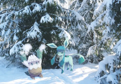 Rule 34 | arms up, blue eyes, commentary, creature, creatures (company), english commentary, game freak, gen 4 pokemon, glaceon, green eyes, milka (milk4ppl), nintendo, no humans, photo (medium), photo background, pokemon, pokemon (creature), scenery, snover, snow, standing, tree