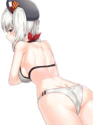 Rule 34 | 10s, 1girl, adapted costume, ass, beret, bikini, blue eyes, breasts, from behind, hat, kantai collection, kashima (kancolle), kfr, long hair, looking back, profile, silver hair, simple background, solo, swimsuit, trefoil, twintails, wavy hair, white background