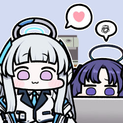 Rule 34 | 2girls, :3, blue archive, chibi, formal, grey hair, halo, heart, indoors, jazz jack, long hair, looking at viewer, lowres, mechanical halo, multiple girls, noa (blue archive), purple eyes, purple hair, scene reference, sidelocks, sitting, smile, speech bubble, spoken heart, spoken squiggle, squiggle, suit, two side up, very long hair, white suit, yuuka (blue archive)