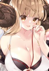 Rule 34 | 1girl, 218, :d, anila (granblue fantasy), bare shoulders, bikini, black bikini, breasts, brown hair, cleavage, collarbone, commentary request, curled horns, draph, granblue fantasy, hand up, holding, horns, large breasts, long hair, looking at viewer, open mouth, ribbon-trimmed bikini, sheep horns, short eyebrows, smile, solo, swimsuit, thick eyebrows, upper body
