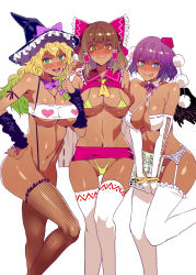 Rule 34 | 3girls, :d, :p, arm ribbon, arm warmers, ascot, bare shoulders, between fingers, bikini, bird wings, black hat, blush, book, bow, bowtie, bracelet, breasts, cigarette, cleavage, closed mouth, commentary request, covered erect nipples, cross, cross necklace, detached collar, elbow gloves, feathered wings, fingernails, fishnet legwear, fishnets, garter belt, gloves, gyaru, hair tubes, hakurei reimu, halterneck, hand on own hip, hat, hat ribbon, highleg, highleg bikini, holding, holding book, holding cigarette, jewelry, kirisame marisa, large breasts, long hair, looking at viewer, micro bikini, microskirt, mizuryu kei, multiple girls, navel, neck ribbon, necklace, open mouth, pom pom (clothes), red hat, revealing clothes, ribbon, shameimaru aya, short hair, simple background, skirt, slingshot swimsuit, smile, standing, standing on one leg, strapless, swimsuit, tan, thigh gap, thighhighs, tokin hat, tongue, tongue out, touhou, tube top, underboob, white background, white legwear, wings, witch hat, yellow bikini