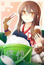 Rule 34 | 10s, 1girl, :t, akagi (kancolle), blush, brown eyes, brown hair, bucket, chopsticks, eating, food, food on face, gloves, japanese clothes, kantai collection, long hair, muneate, partially fingerless gloves, partly fingerless gloves, personification, potato, rice, rice on face, rui shi (rayze ray), single glove, smile, solo, yugake